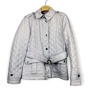 Burberry Womens Diamond Quilted Soft Blue Belted Jacket Sz S